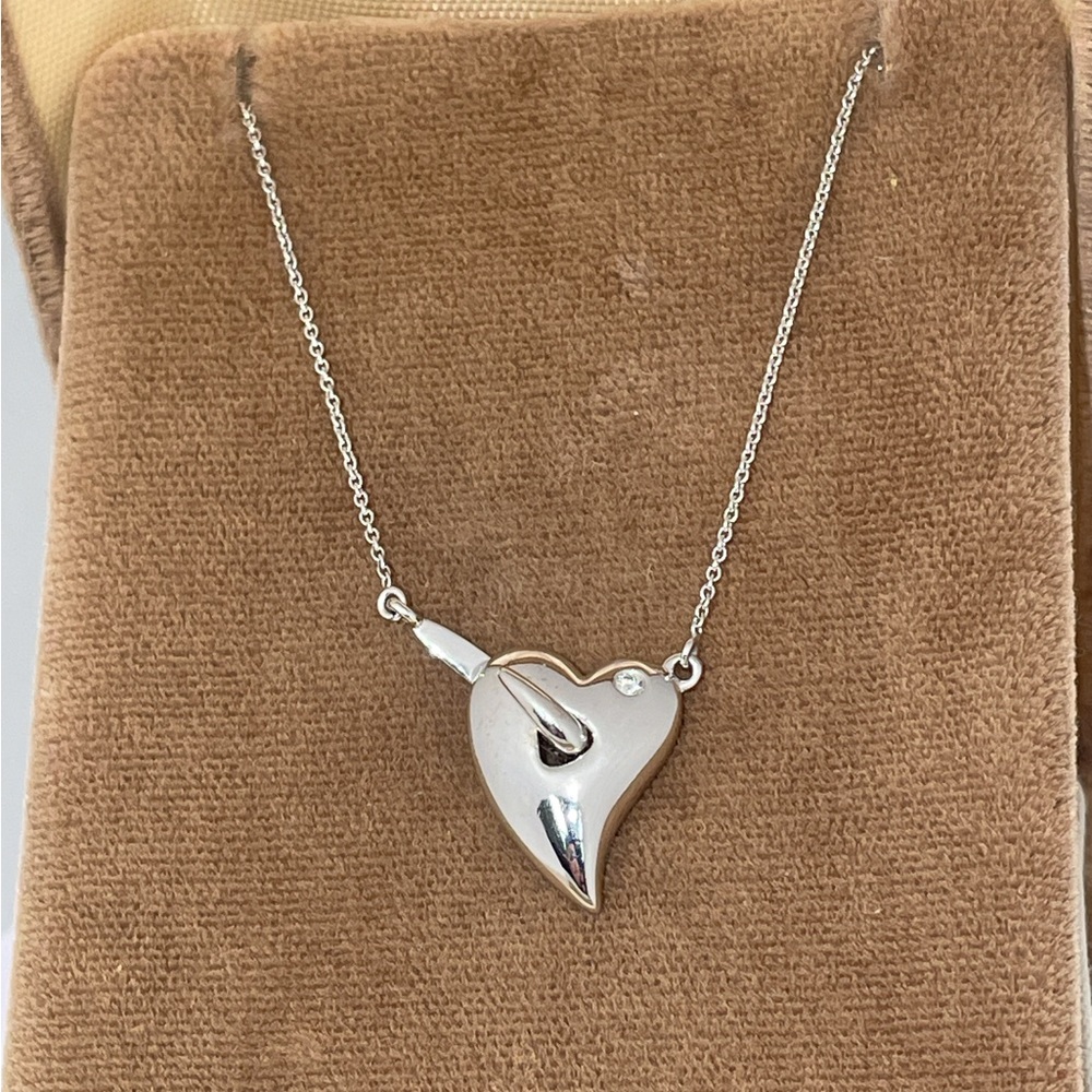 Solid 14K White Gold Hook Heart Hooked on Love Natural Diamond Necklace